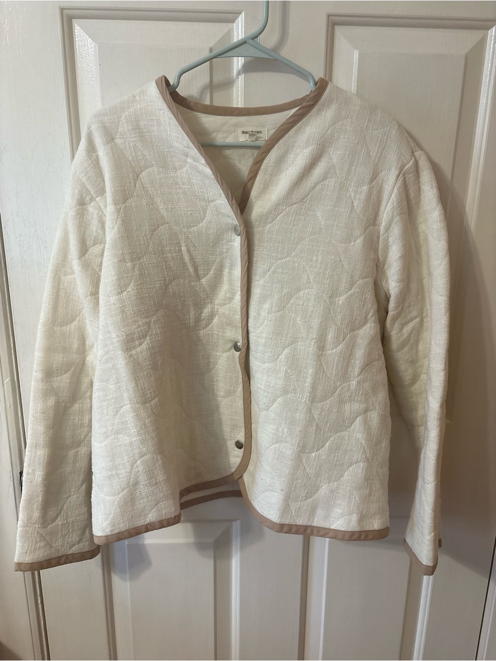 Cost Plus World Market Cream Quilted Jacket with Tan Trim